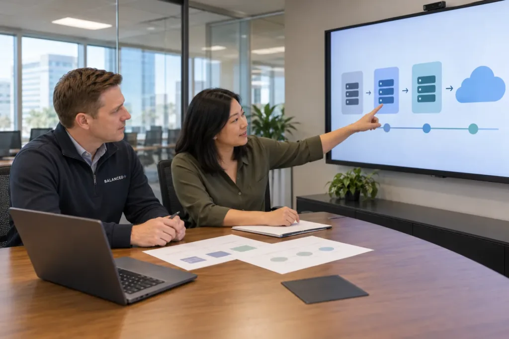 BALANCED+ consultant walking a client's IT manager through a cloud migration plan in a Mississauga boardroom