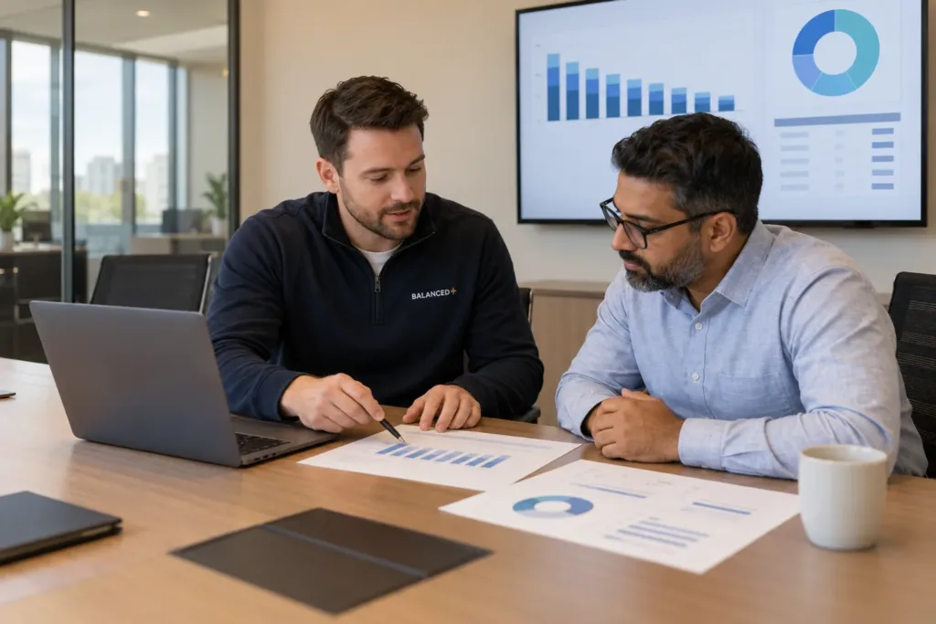 BALANCED+ consultant reviewing a client's Azure costs with their IT manager in a Mississauga boardroom