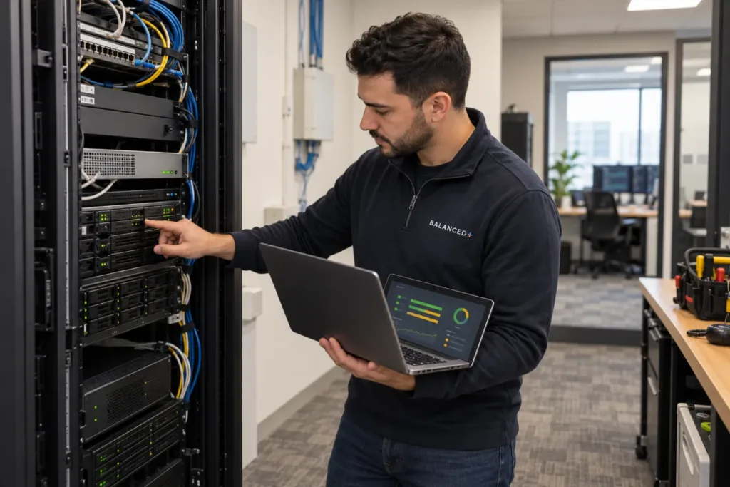 BALANCED+ technician checking backup status on a server rack in a Mississauga client's server room