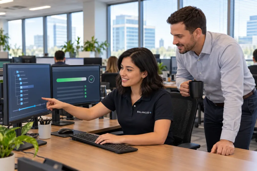 BALANCED+ engineer restoring a client's files from a cloud backup at a workstation
