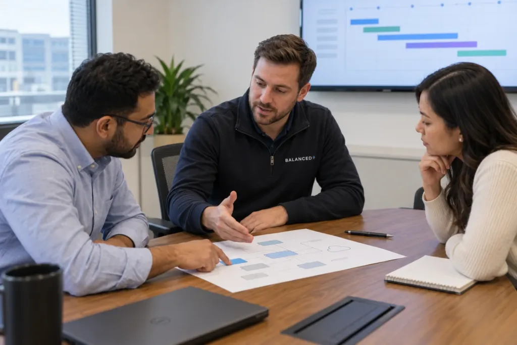 BALANCED+ consultant walking a client's IT manager through a disaster recovery plan in a boardroom
