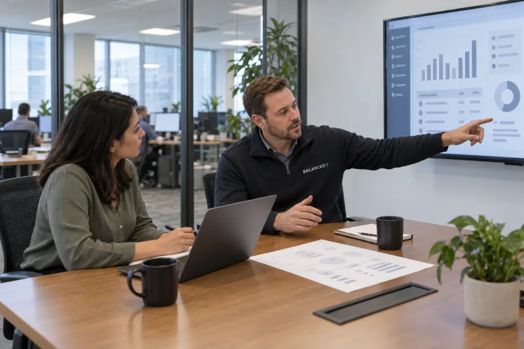 BALANCED+ consultant reviewing Microsoft 365 licences and access with an IT manager in a Mississauga boardroom