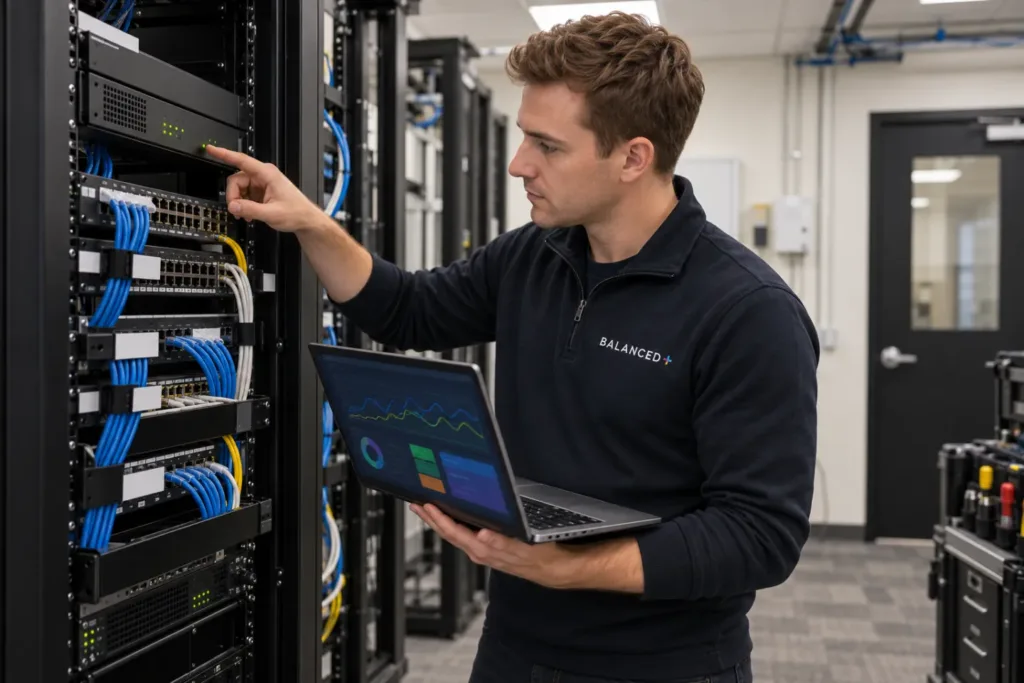 BALANCED+ technician checking a client's firewall in a Mississauga office server room