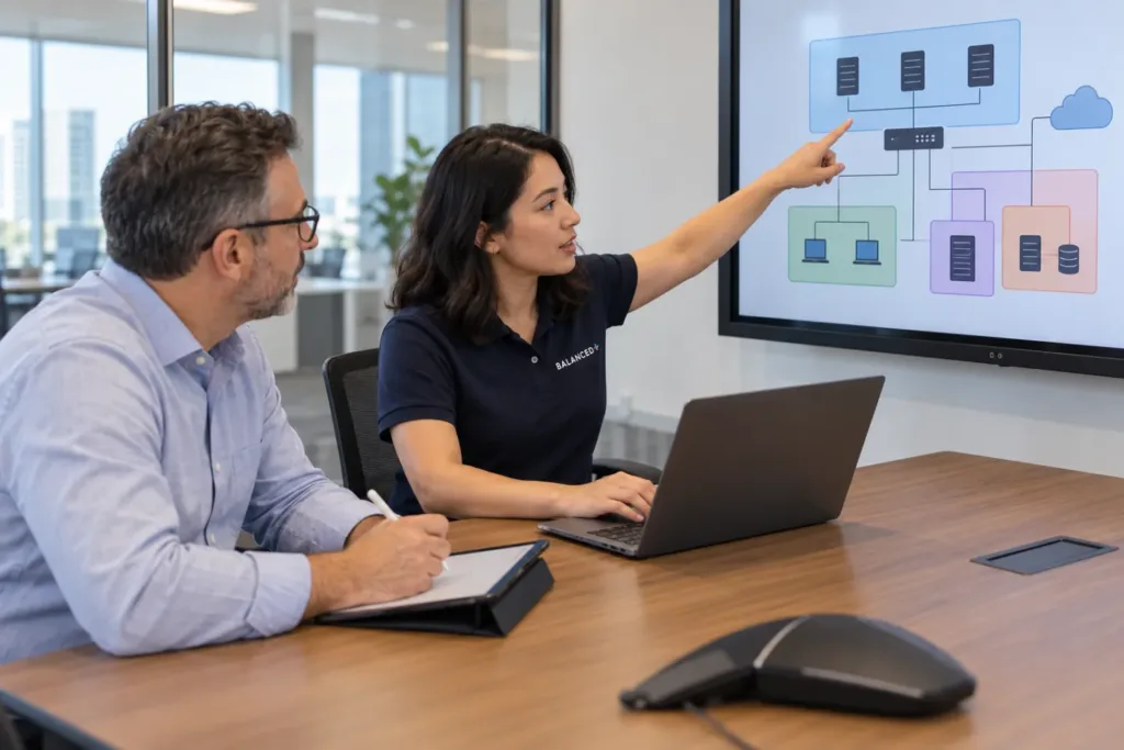 BALANCED+ engineer walking a client IT manager through a plan to split their network into separate zones
