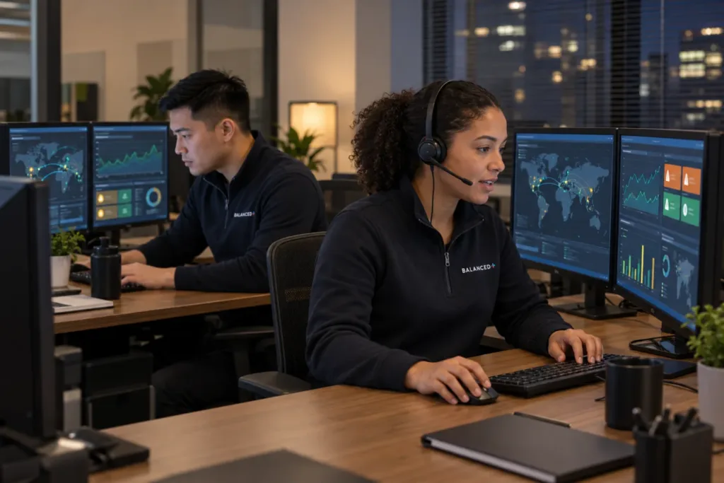 BALANCED+ security analysts watching client network traffic on dashboards in the operations room