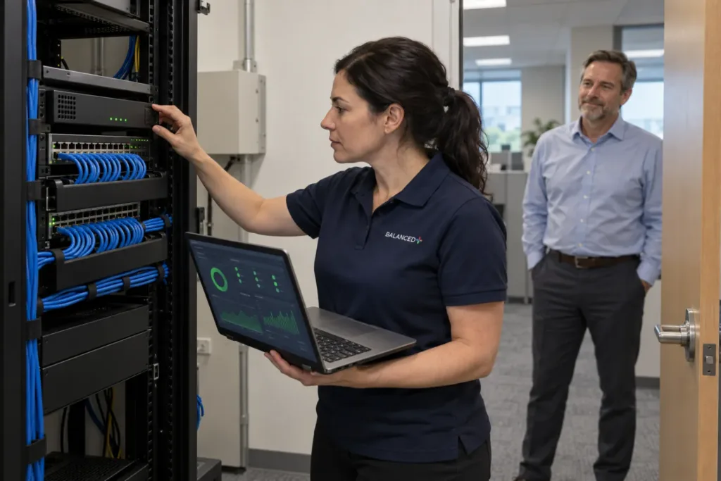 BALANCED+ technician restoring a firewall and switch in a client's network closet