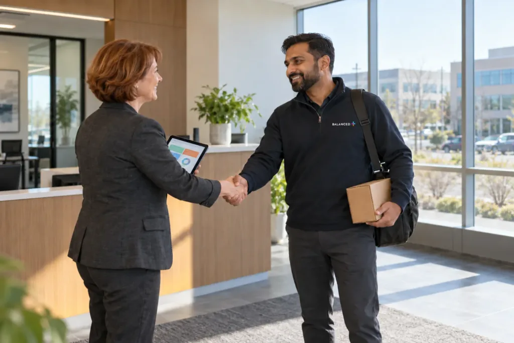 BALANCED+ technician arriving at a Mississauga client office and meeting the IT manager at reception
