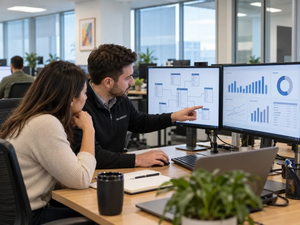 BALANCED+ data consultant reviews a Power BI data model and management dashboard