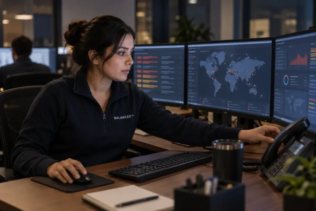 BALANCED+ security analyst reviewing unusual sign-in alerts on a monitoring screen at night.