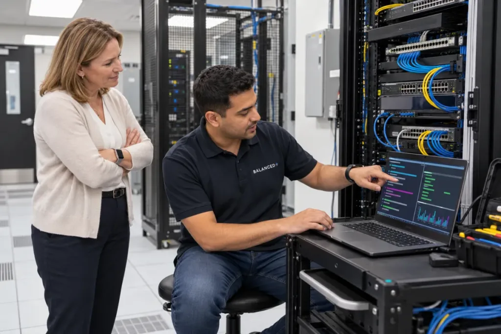 BALANCED+ penetration tester running an authorised security test from a laptop beside a client's network rack.