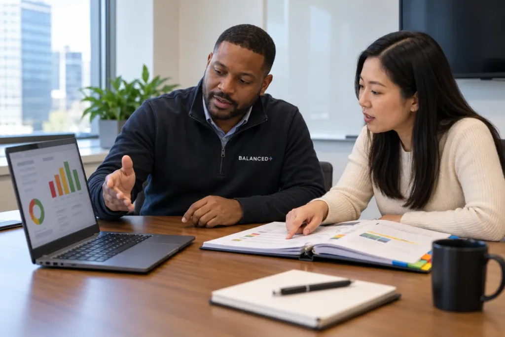 BALANCED+ security lead walking a client's IT director through a risk-ranked findings report in a meeting room.