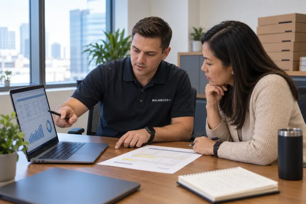 BALANCED+ consultant comparing a hardware quote with a client's device inventory at a meeting table.
