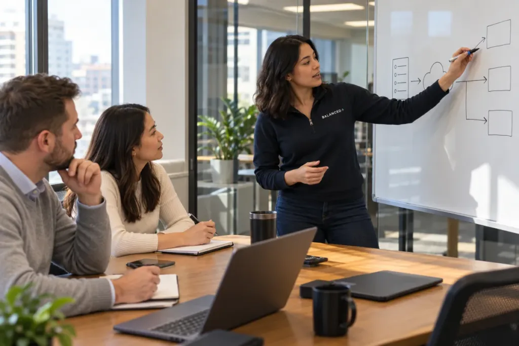 BALANCED+ engineer mapping a client's server-to-cloud migration plan on a whiteboard.