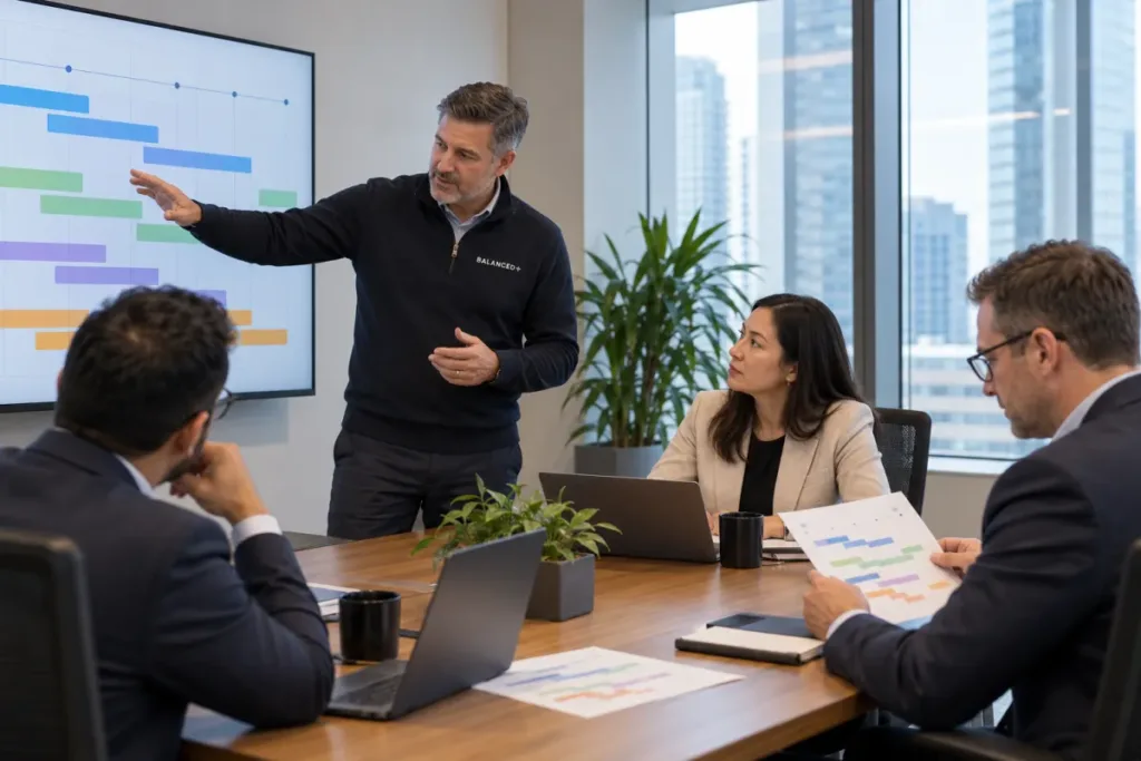 BALANCED+ virtual CIO presenting a multi-year IT roadmap to a client's leadership team in a boardroom.