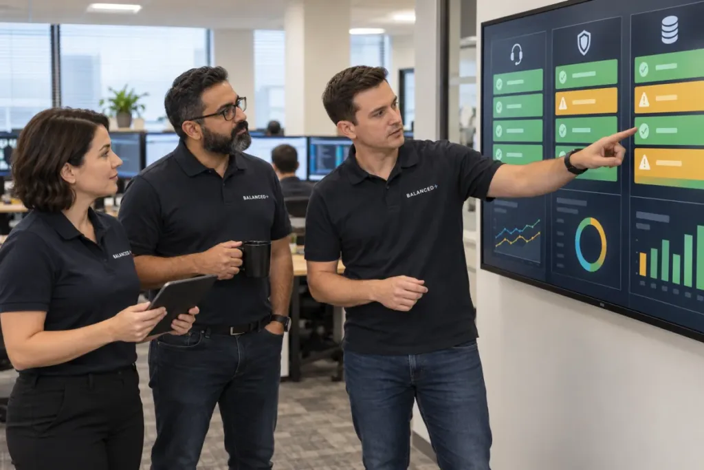 BALANCED+ team reviewing a client's support, security and backup status together in an operations room.
