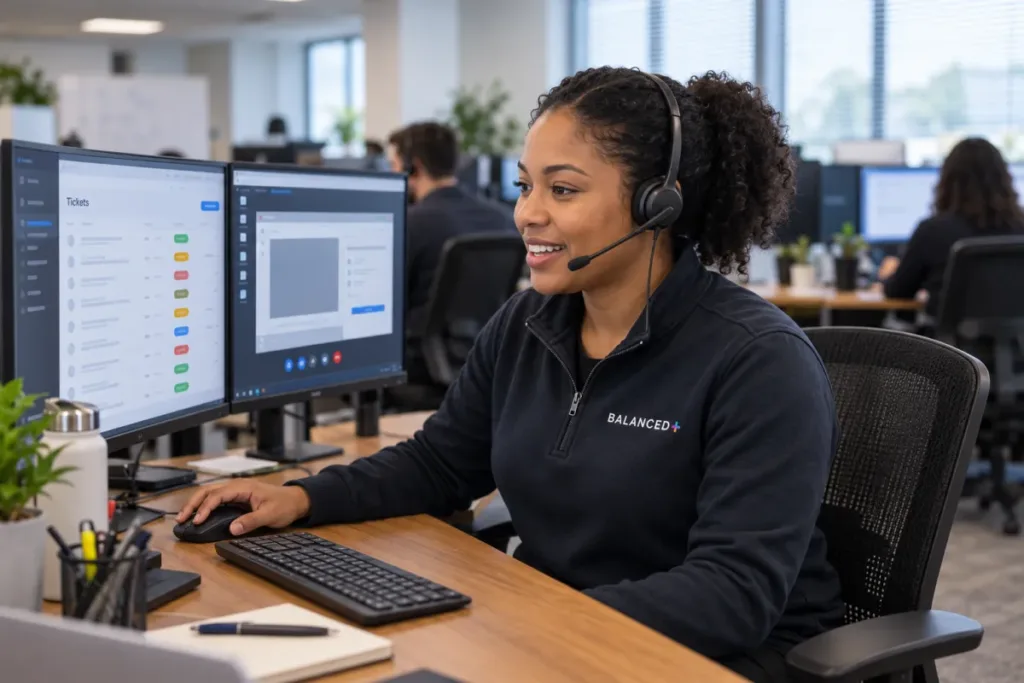 BALANCED+ help desk technician resolving a staff request while wearing a headset at a two-monitor desk.