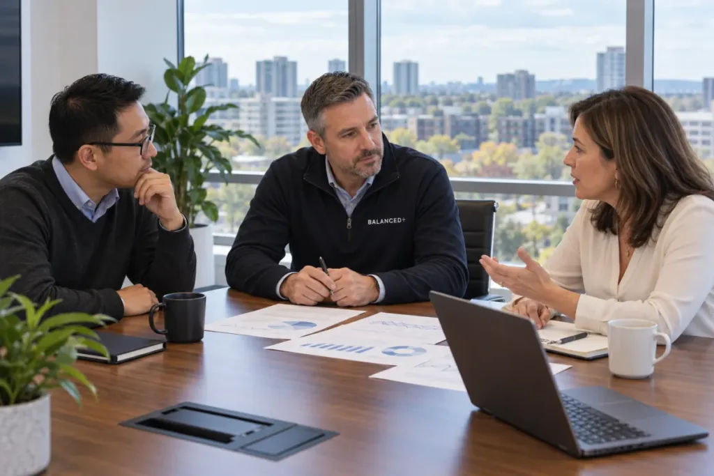 BALANCED+ account lead meeting with a client's IT manager and operations director in a Toronto office boardroom.