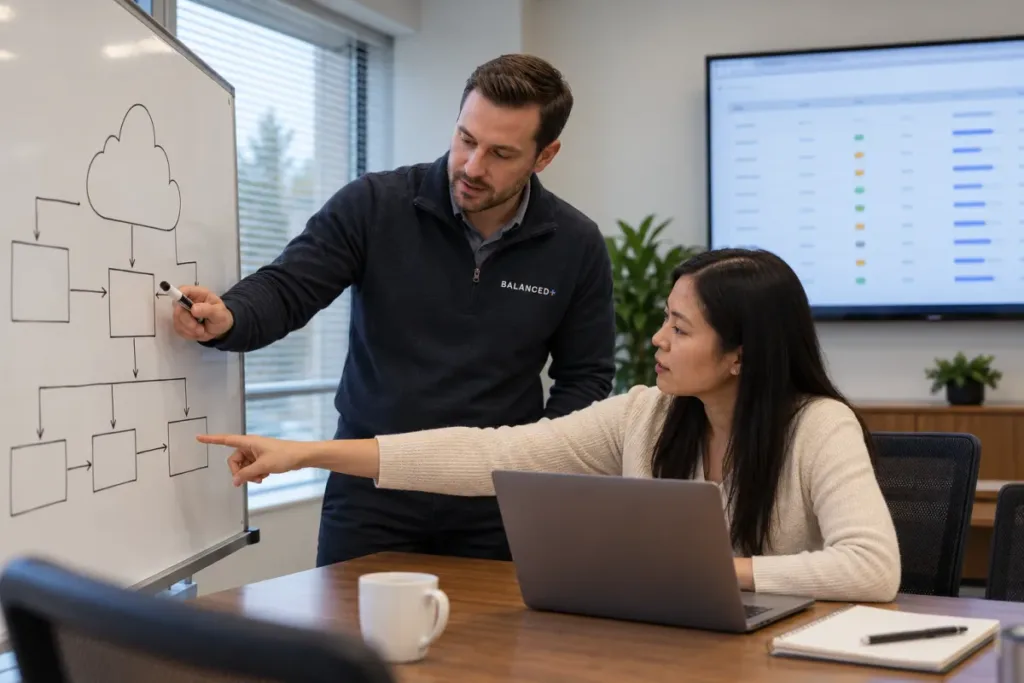 BALANCED+ consultant mapping a client's servers and apps with their IT manager before a move to the cloud.