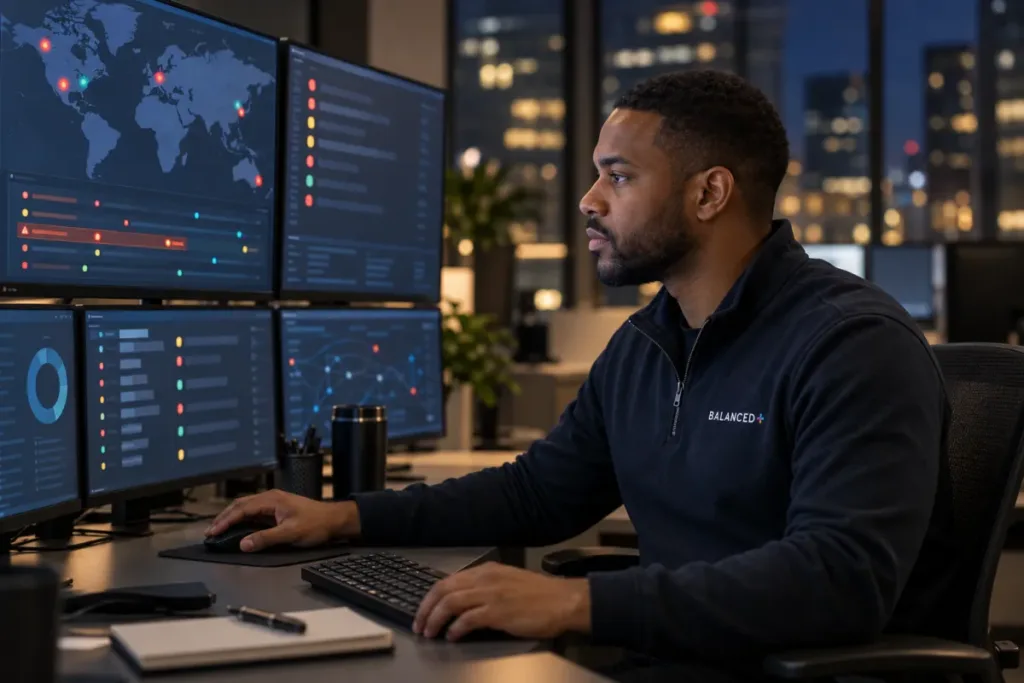 BALANCED+ security analyst reviewing cloud sign-in alerts on a monitoring wall in the evening.