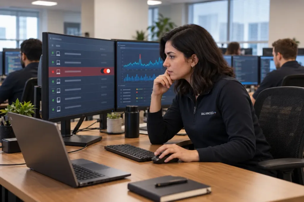 BALANCED+ security analyst isolating a suspicious laptop from a client network in the security operations centre.