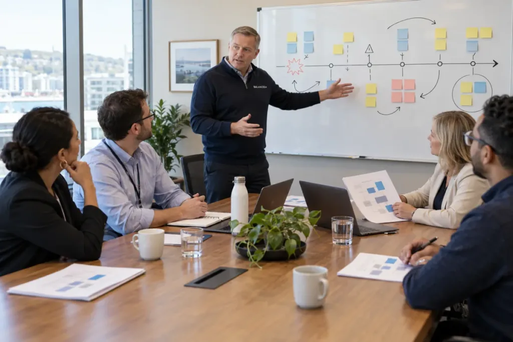 BALANCED+ facilitator leading an incident readiness workshop with a client leadership and IT team.
