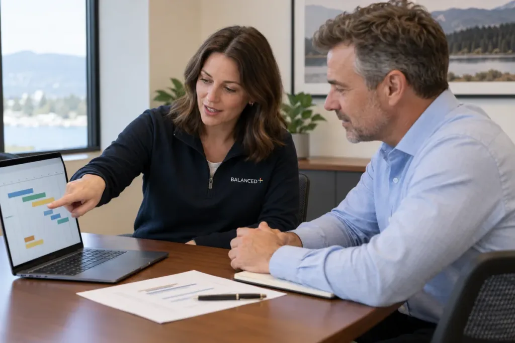 BALANCED+ advisor reviewing a client's hardware and licence renewal schedule with their operations lead.