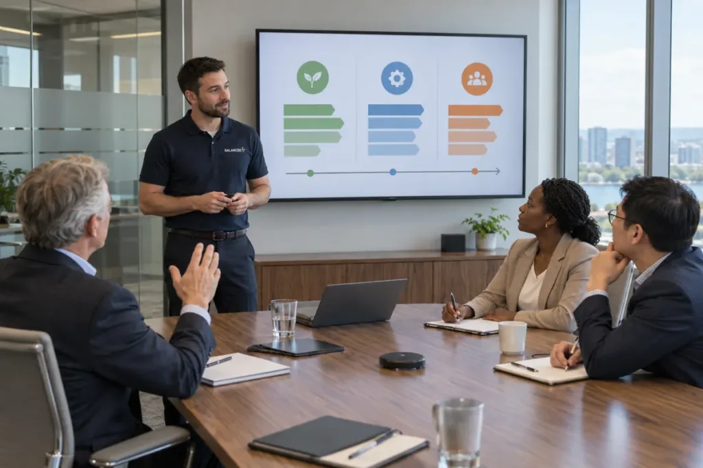 BALANCED+ consultant presenting a multi-year IT roadmap to a client leadership team in a boardroom.