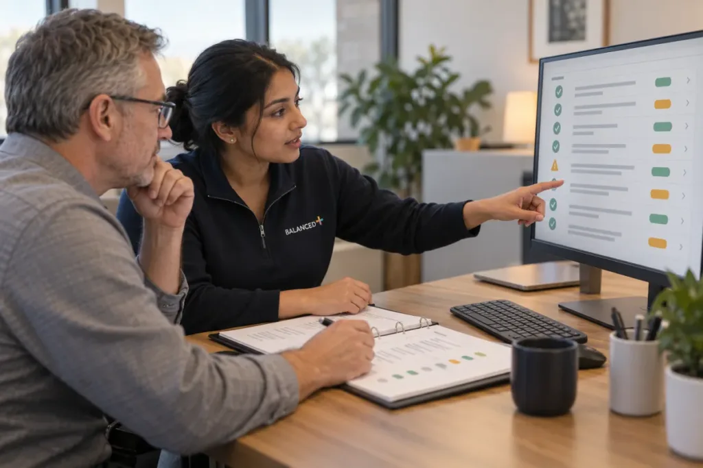 BALANCED+ consultant working through a security compliance checklist with a client IT manager.