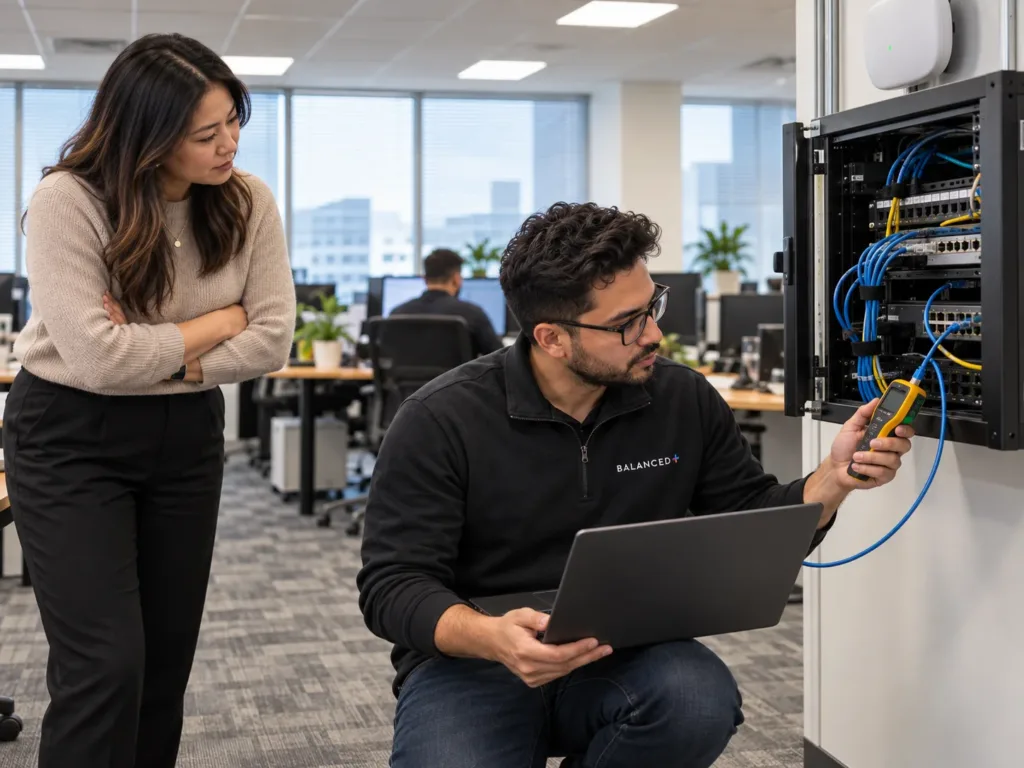 BALANCED+ technician troubleshoots office network connectivity for a Mississauga business