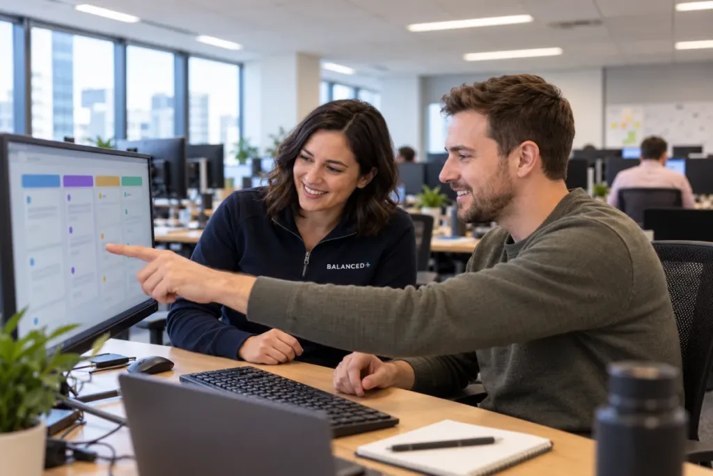 BALANCED+ technician and a client's in-house IT manager planning how to split IT work between them.