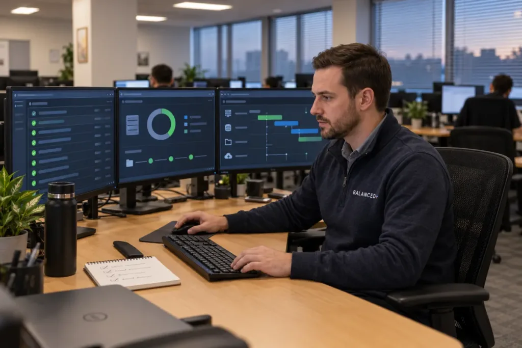 BALANCED+ engineer checking a client's backup and recovery status in the operations centre.