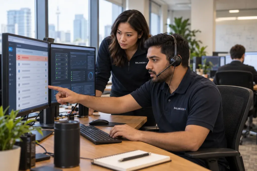 BALANCED+ technician responding to a critical outage ticket from a Toronto client.