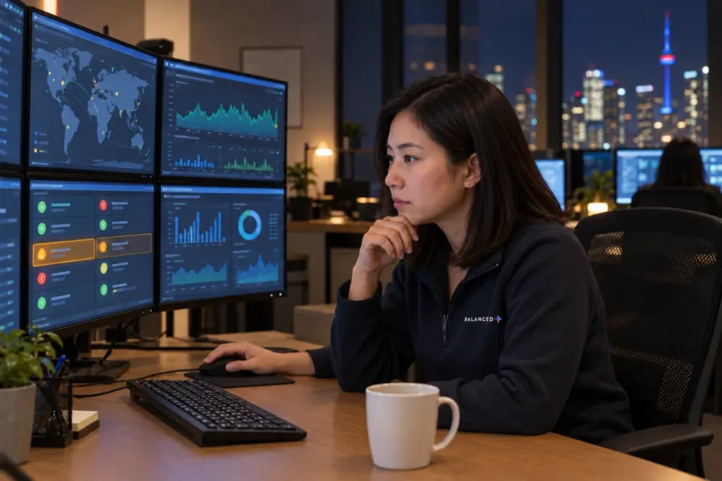 BALANCED+ security operations centre analyst monitoring client systems overnight.