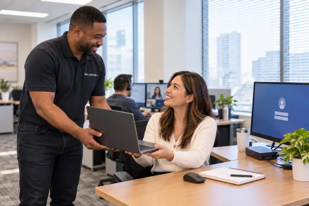 BALANCED+ technician setting up a laptop for a new employee at a Toronto client's office.