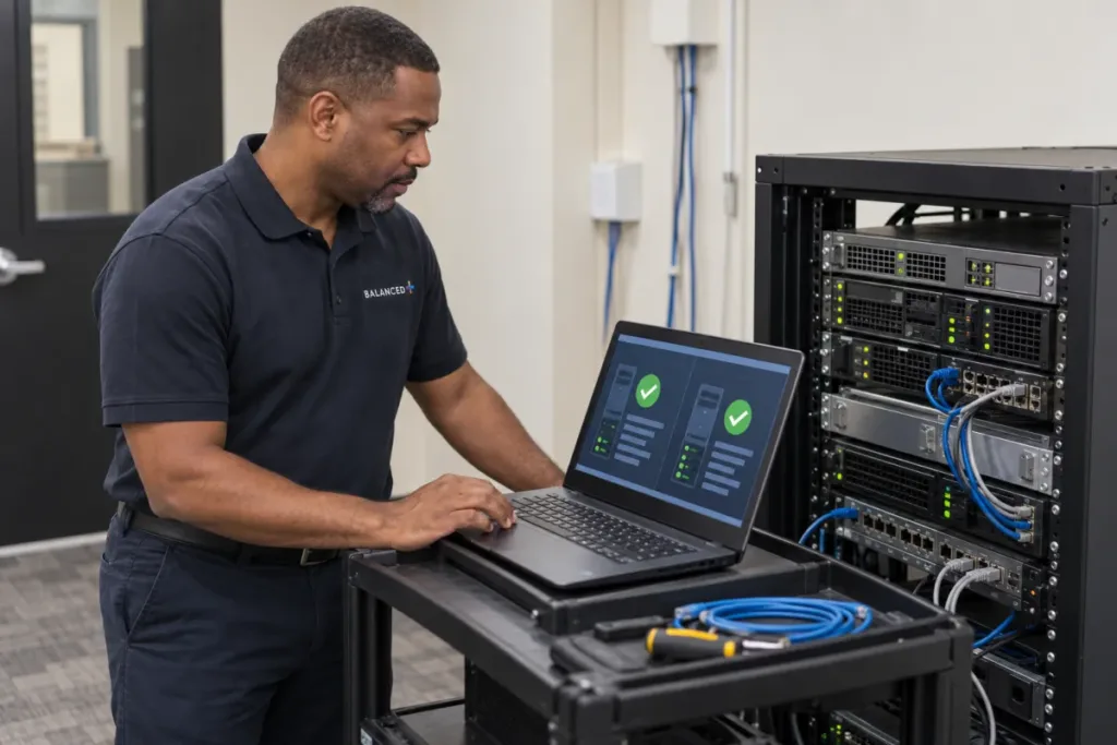 BALANCED+ technician testing a migrated server alongside the original on-site hardware at a Toronto client.