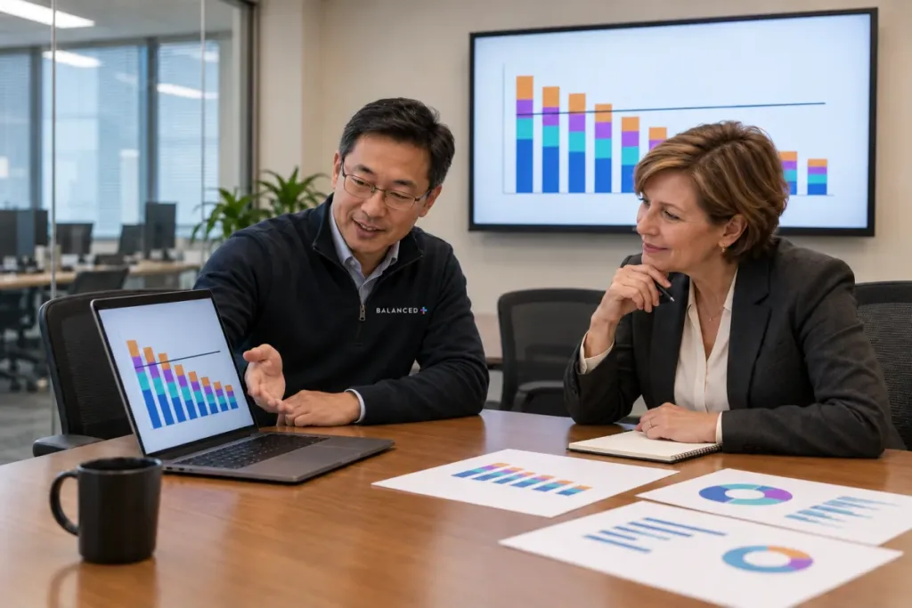 BALANCED+ consultant walking a client's finance lead through a monthly Azure cost breakdown.