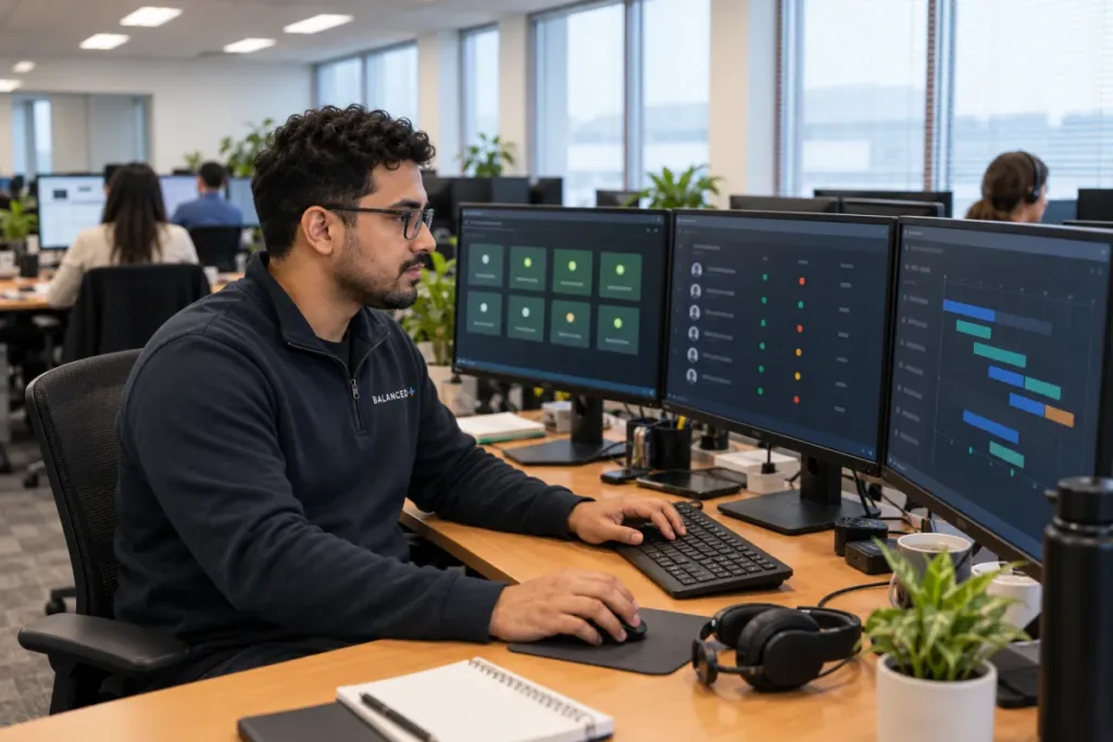 BALANCED+ engineer checking a client's Microsoft 365, Azure and backup status from one workstation.