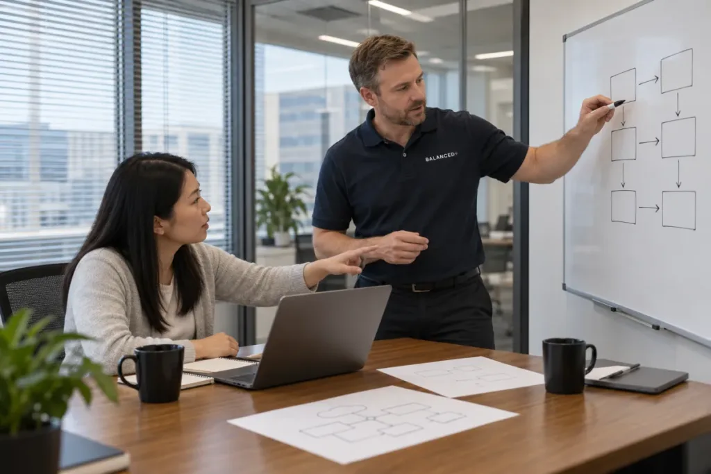 BALANCED+ consultant mapping which of a client's systems should move to the cloud with their IT director.