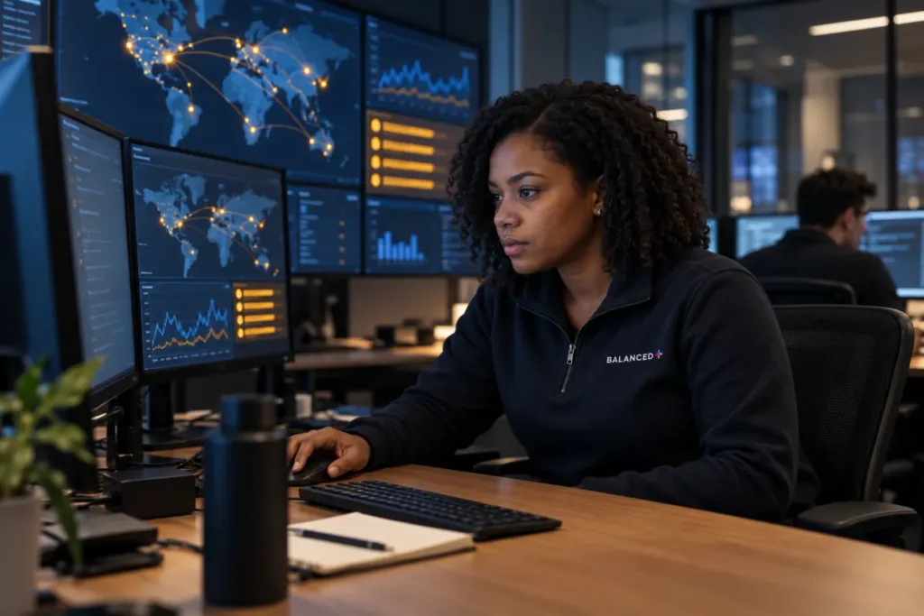 BALANCED+ security analyst reviewing cloud sign-in activity for a Toronto client in the security operations centre.