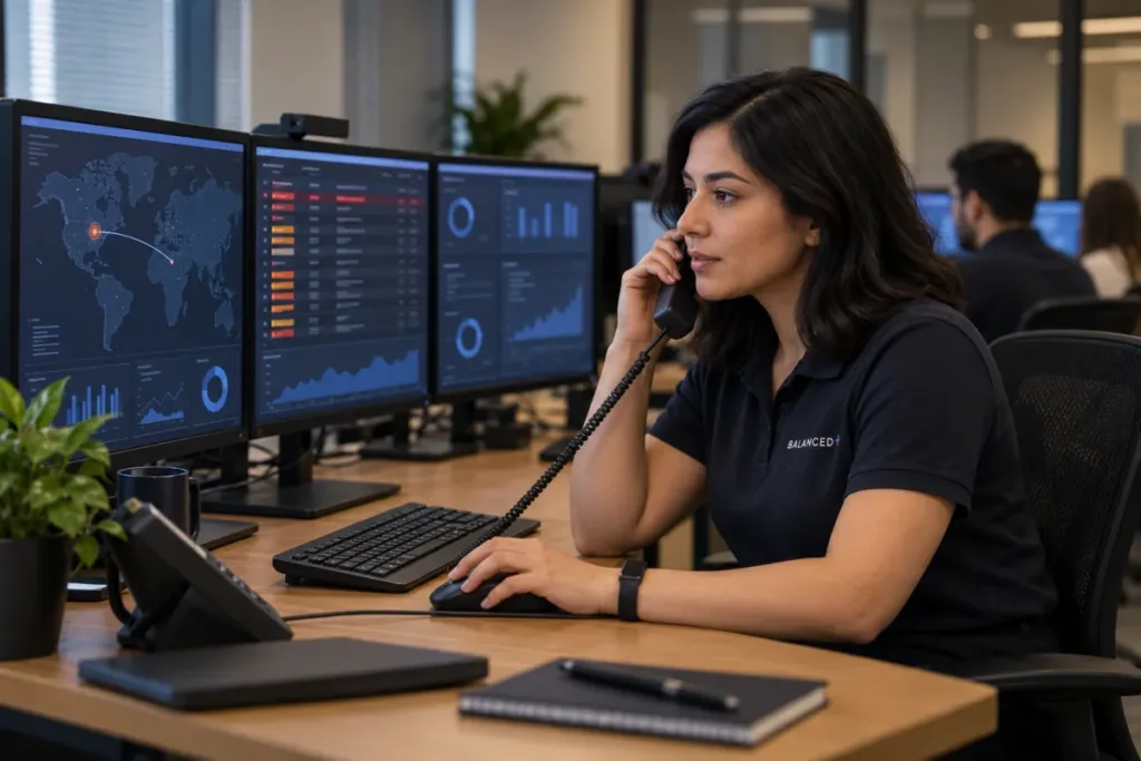 BALANCED+ security analyst reviewing an unusual sign-in alert at a monitoring workstation.