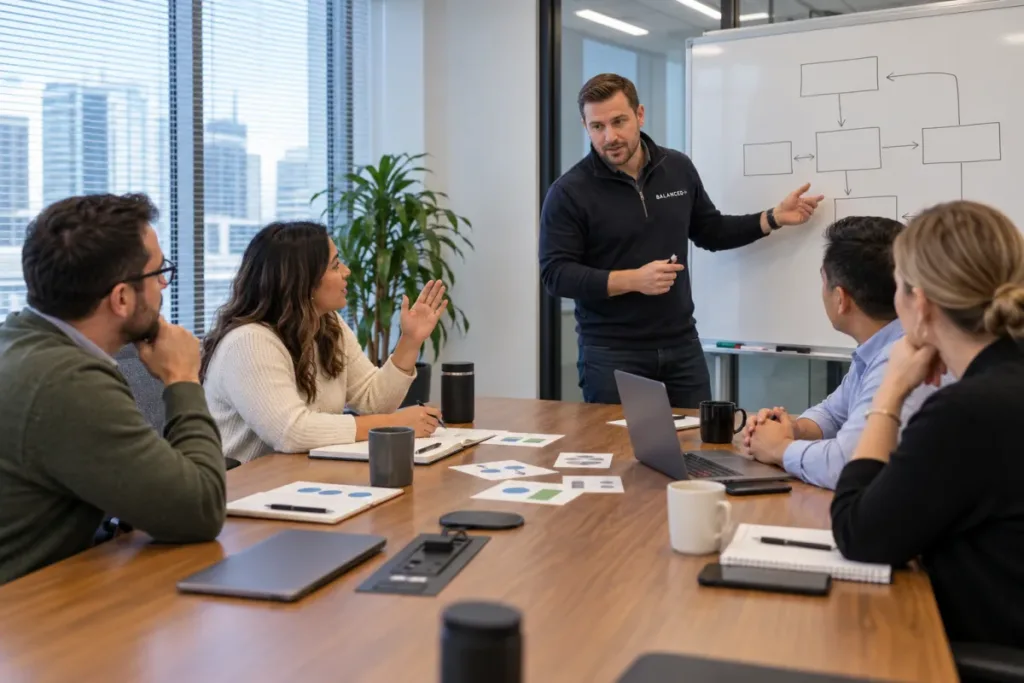 BALANCED+ consultant running an incident readiness session with a client's leadership team.