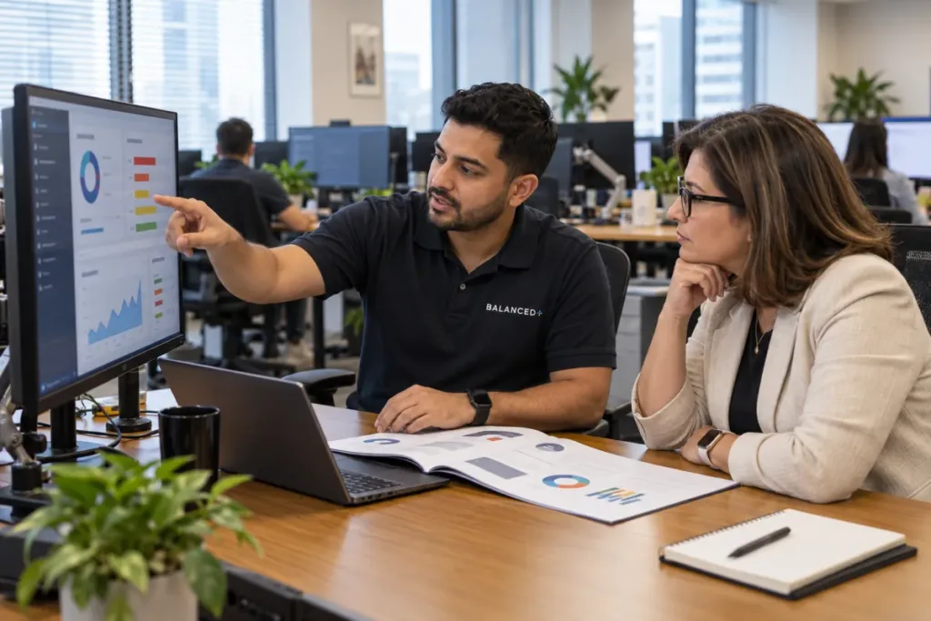 BALANCED+ engineer reviewing penetration test findings with a client's IT director.