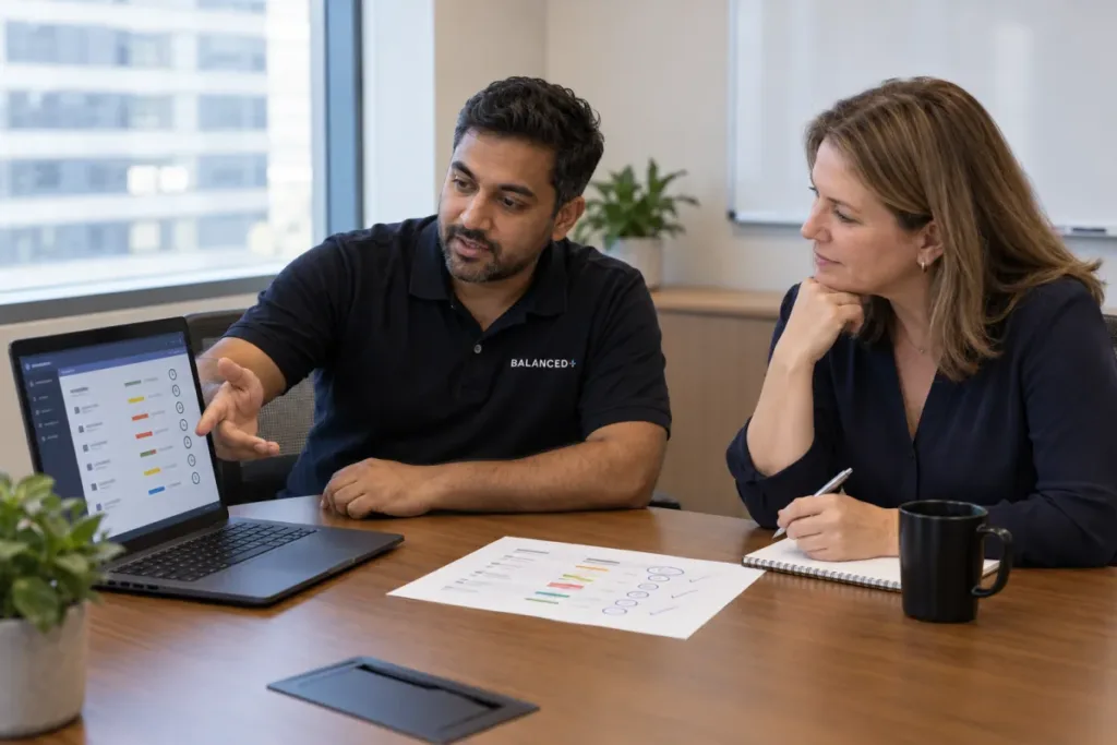 BALANCED+ engineer agreeing recovery times for each system with a client's IT manager.