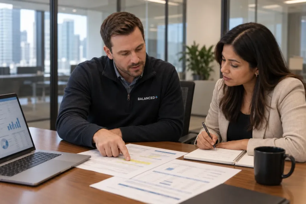 BALANCED+ advisor reviewing a hardware and licensing quote with a client's IT manager.