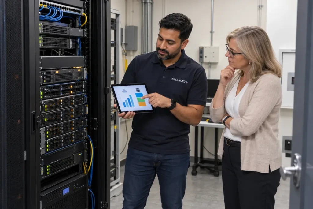 BALANCED+ consultant comparing on-premises servers with cloud options in a client's server room.