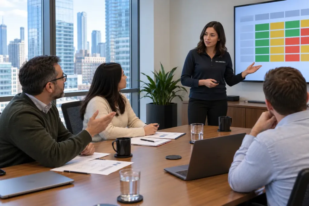 BALANCED+ consultant walking a Toronto leadership team through a security readiness review.