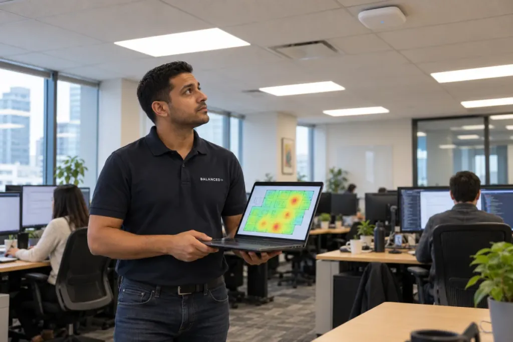 BALANCED+ network technician testing Wi-Fi coverage in a client's open-plan office.