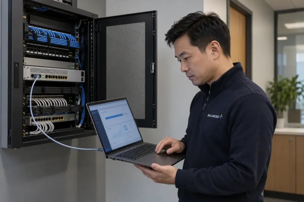 BALANCED+ engineer updating a firewall in a client's network cabinet.