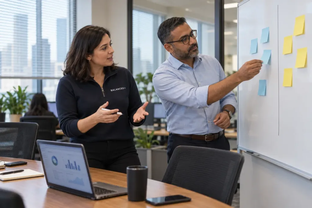 BALANCED+ account lead mapping out an IT responsibility split with a client's IT manager.