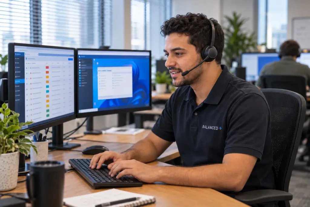 BALANCED+ help desk technician answering a staff request with the client's ticket history on screen.
